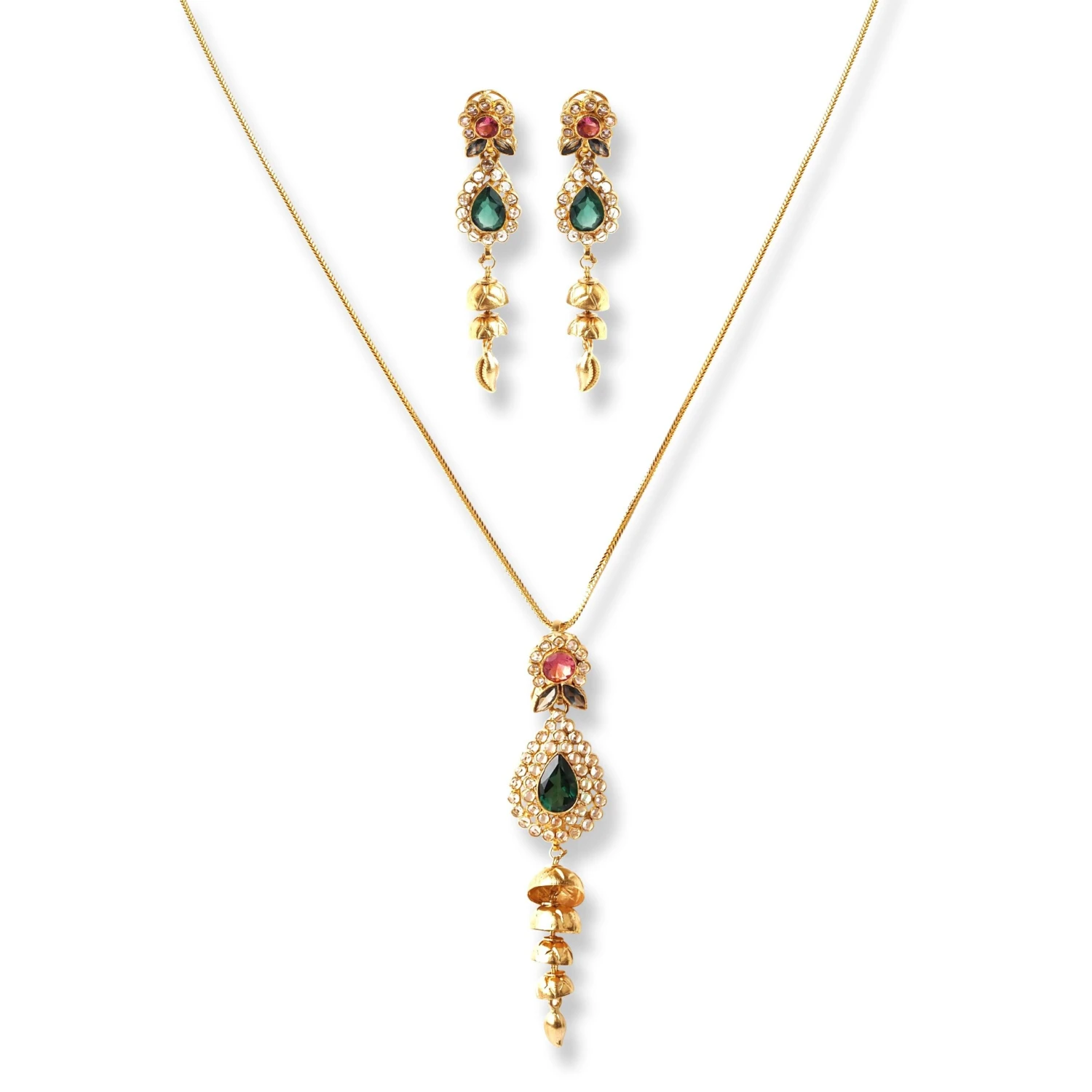 22ct Gold Set With Green, Pink & White Cubic Zirconia Stones (Pendant + Chain + Drop Earrings) (18.6g) 1 22ct Gold Set With Green, Pink & White Cubic Zirconia Stones (Pendant + Chain + Drop Earrings) (18.6g)