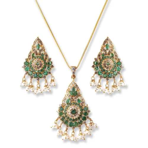 22ct Gold Set With Green Cubic Zirconia Stones & Cultured Pearls (Pendant + Chain + Earrings) (19.8g)
