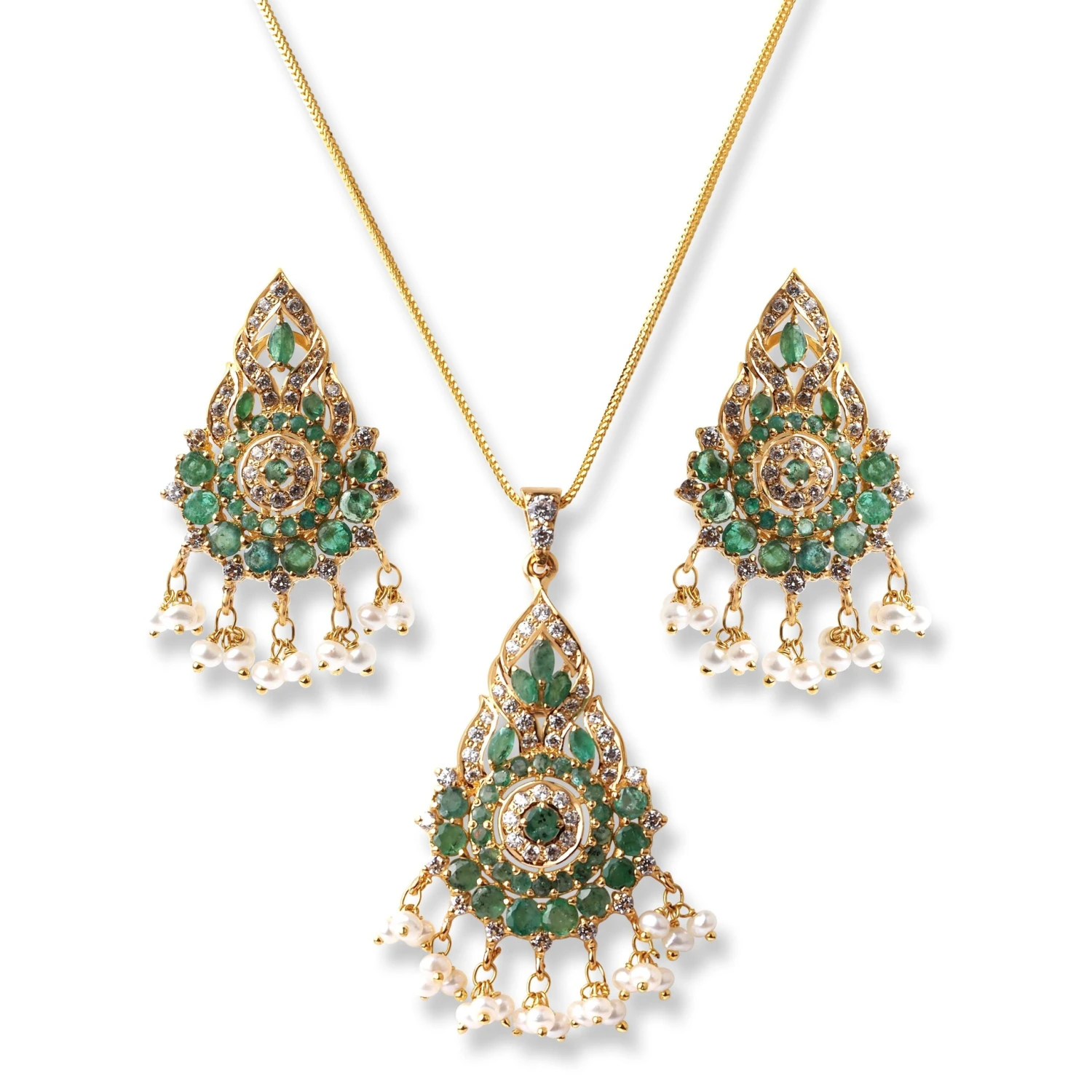 22ct Gold Set With Green Cubic Zirconia Stones & Cultured Pearls (Pendant + Chain + Earrings) (19.8g) 1 22ct Gold Set With Green Cubic Zirconia Stones & Cultured Pearls (Pendant + Chain + Earrings) (19.8g)