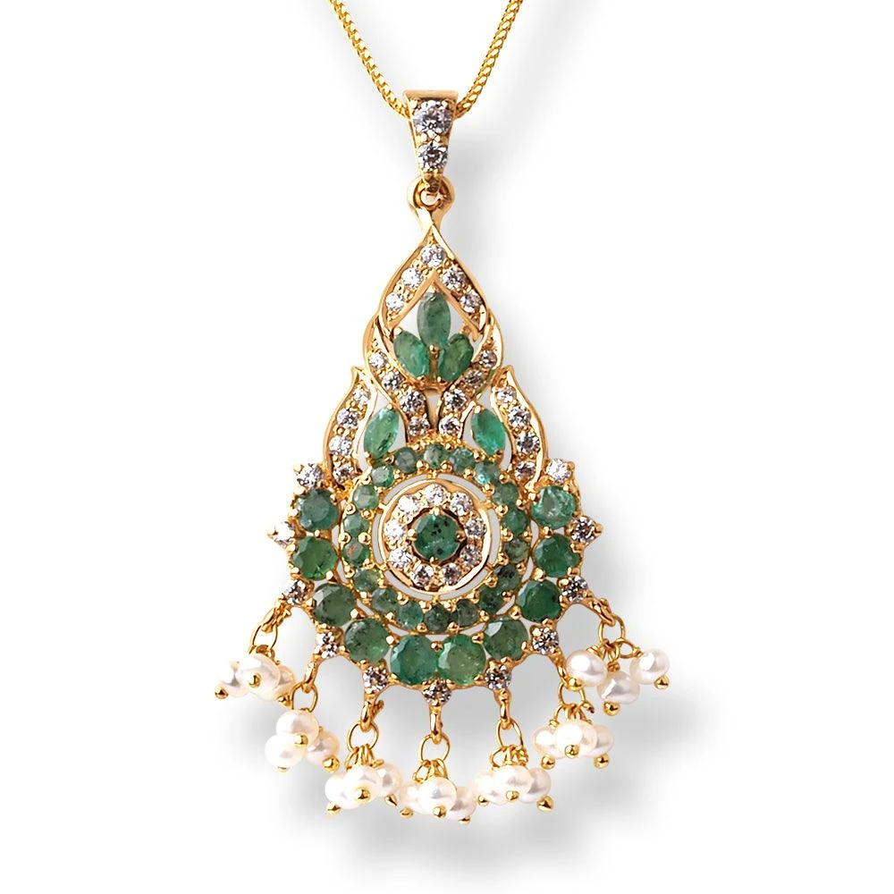 22ct Gold Set With Green Cubic Zirconia Stones & Cultured Pearls (Pendant + Chain + Earrings) (19.8g) 2 22ct Gold Set With Green Cubic Zirconia Stones & Cultured Pearls (Pendant + Chain + Earrings) (19.8g) - Image 2