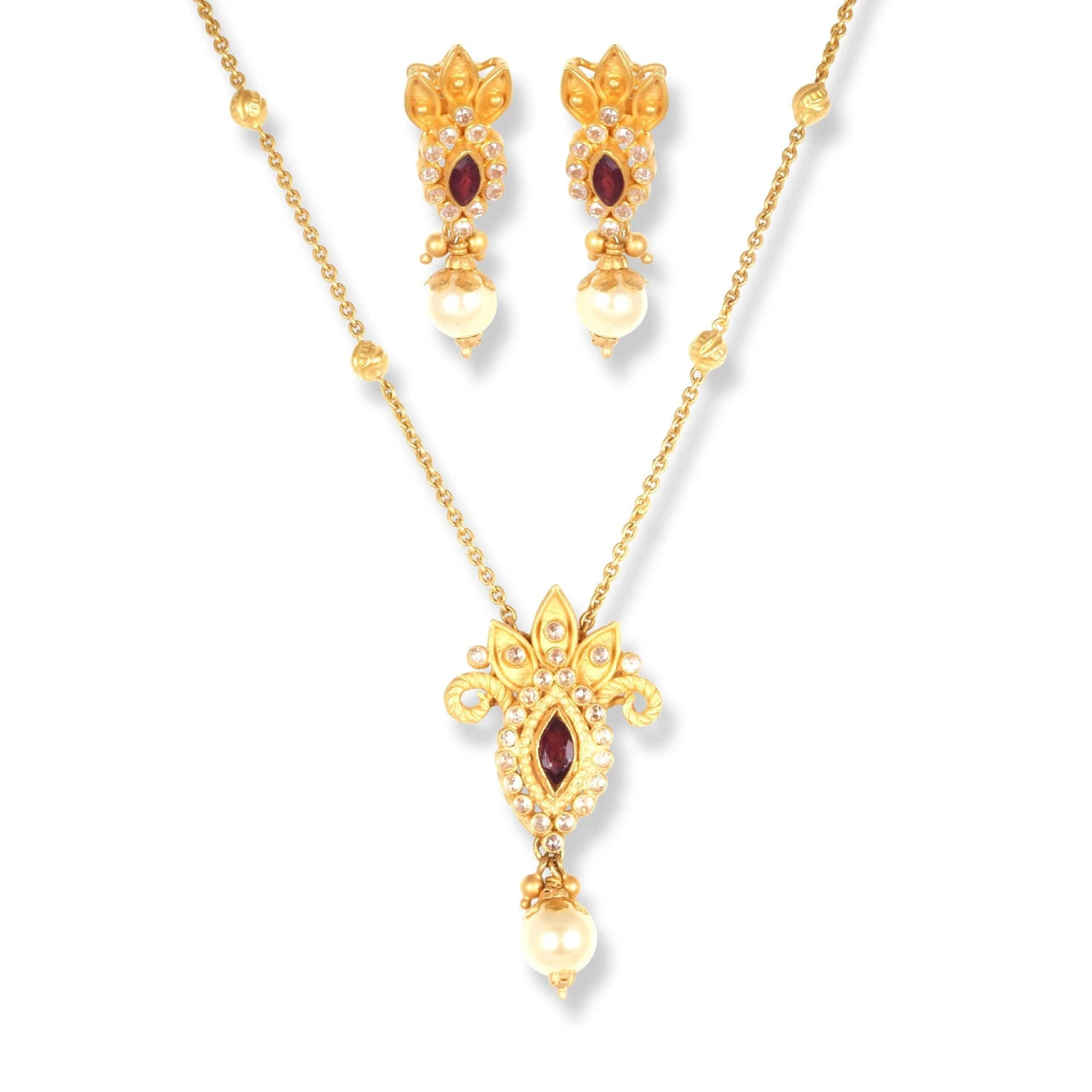 22ct Gold Set With Red & White Cubic Zirconia Stones And Cultured Pearls (Necklace + Drop Earrings) 1 22ct Gold Set With Red & White Cubic Zirconia Stones And Cultured Pearls (Necklace + Drop Earrings)