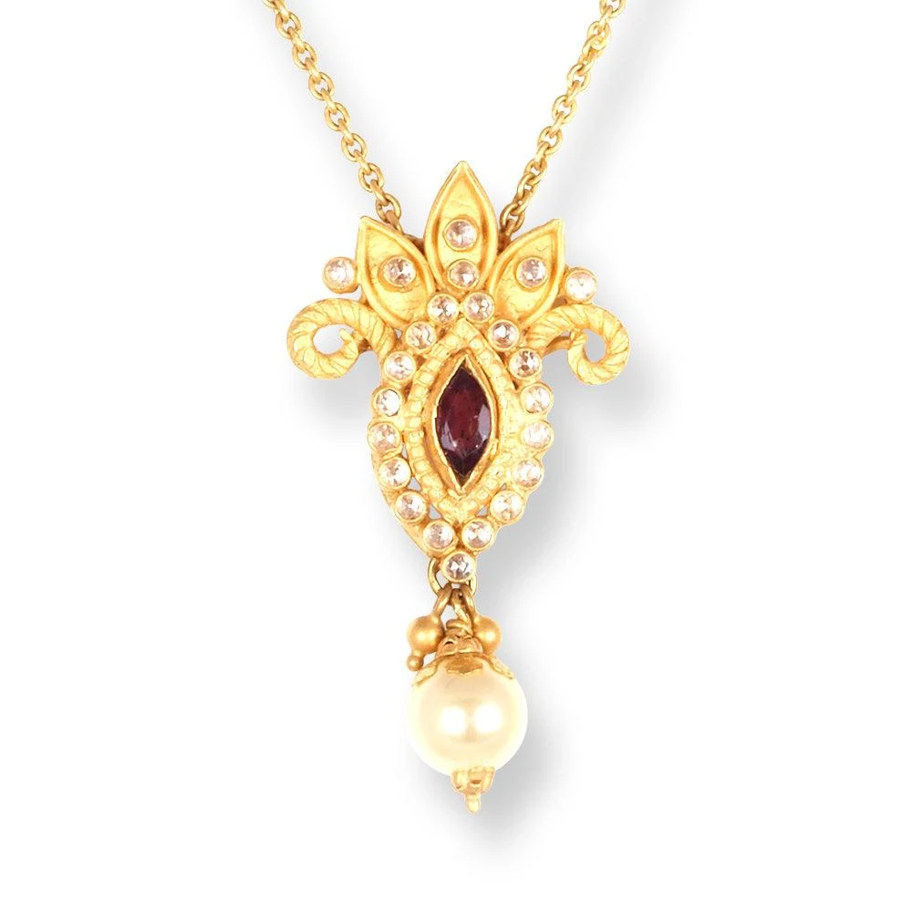 22ct Gold Set With Red & White Cubic Zirconia Stones And Cultured Pearls (Necklace + Drop Earrings) 2 22ct Gold Set With Red & White Cubic Zirconia Stones And Cultured Pearls (Necklace + Drop Earrings) - Image 2