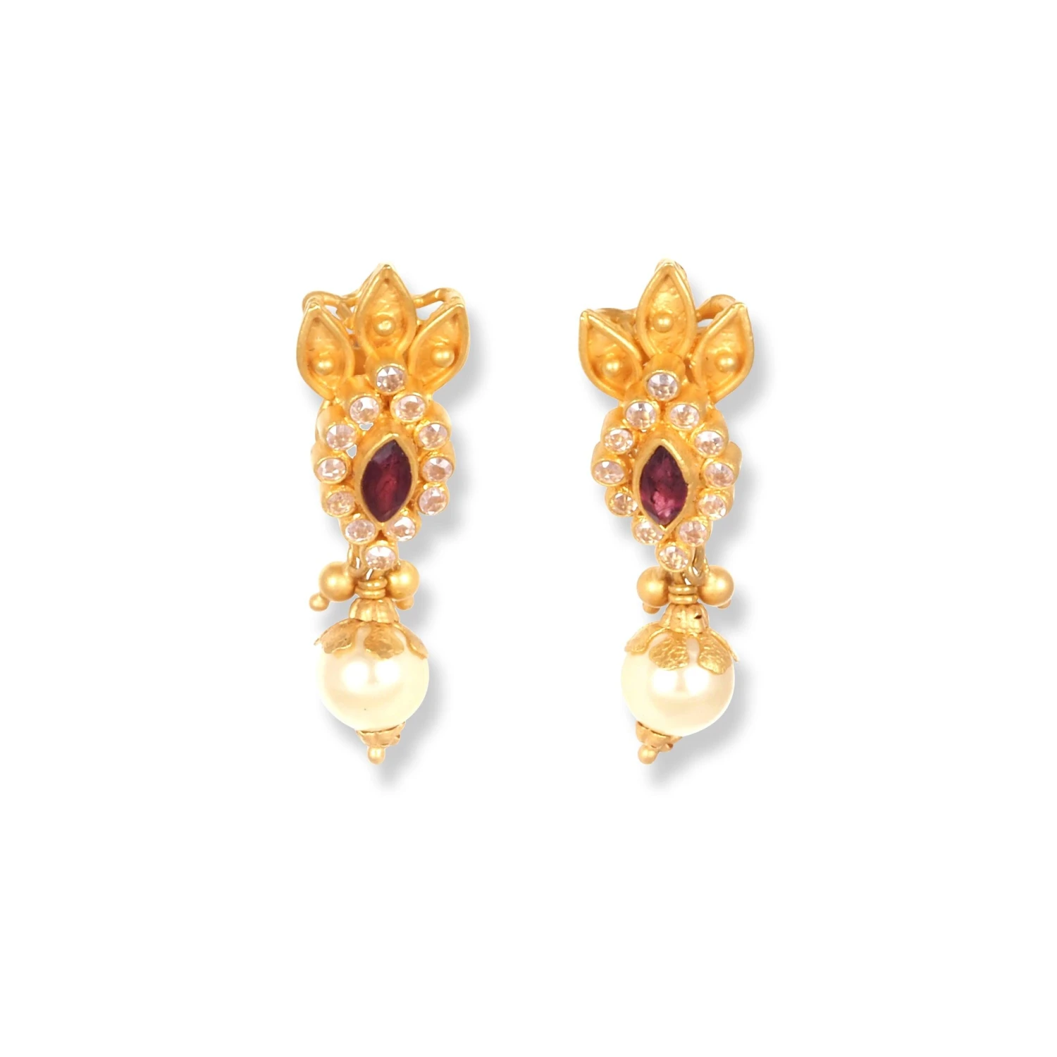 22ct Gold Set With Red & White Cubic Zirconia Stones And Cultured Pearls (Necklace + Drop Earrings) 3 22ct Gold Set With Red & White Cubic Zirconia Stones And Cultured Pearls (Necklace + Drop Earrings) - Image 3