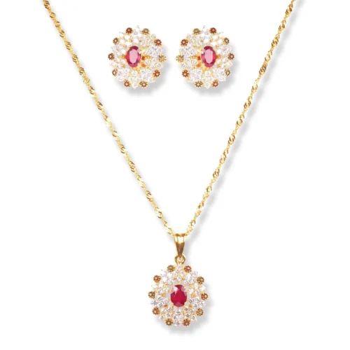 22ct Gold Set With Red & White Cubic Zirconia Stones (Pendant + Chain + Stud Earrings) P-8154 E-8154