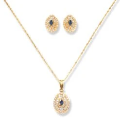 22ct Gold Set With White & Blue Cubic Zirconia Stones (Pendant + Chain + Stud Earrings)