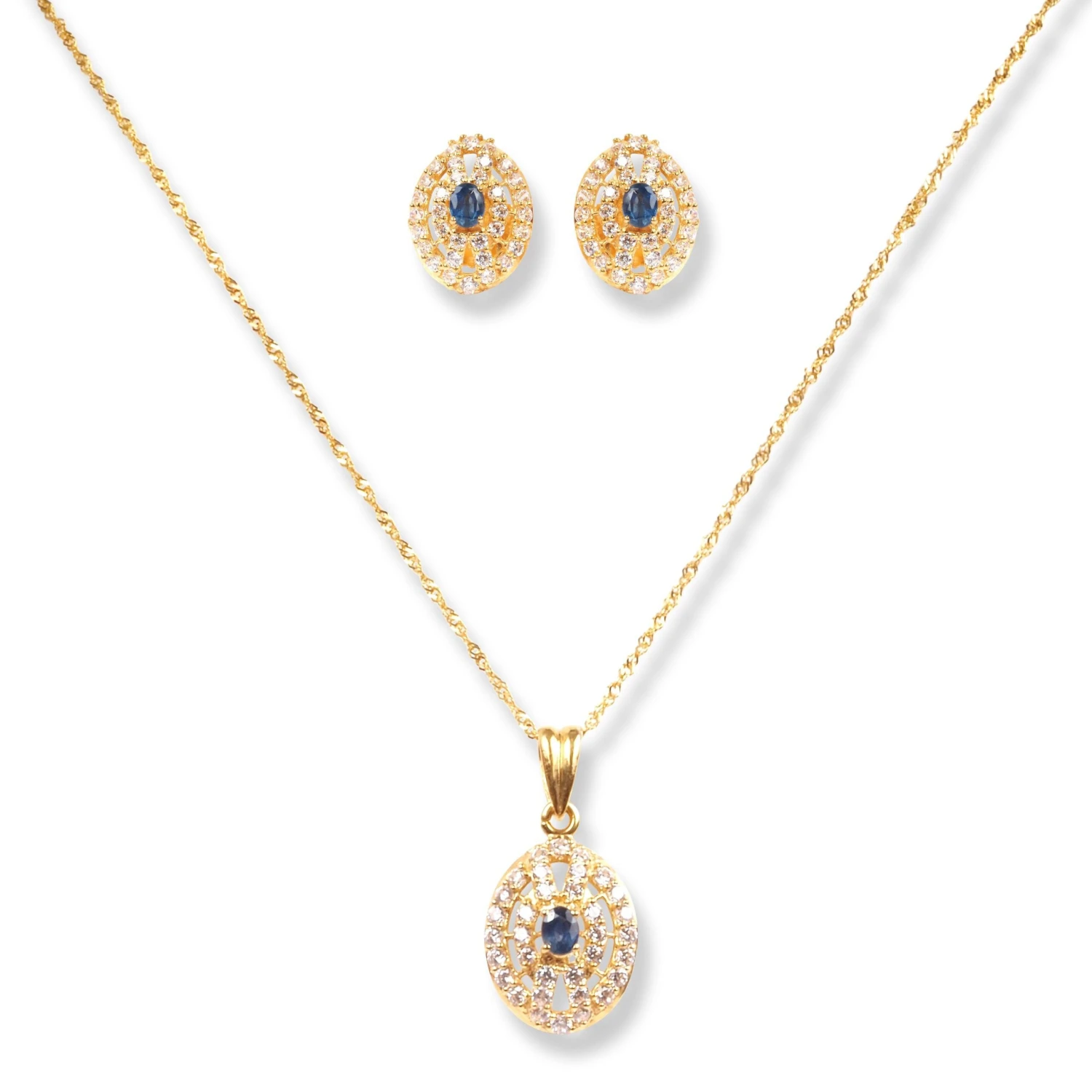 22ct Gold Set With White & Blue Cubic Zirconia Stones (Pendant + Chain + Stud Earrings) 1 22ct Gold Set With White & Blue Cubic Zirconia Stones (Pendant + Chain + Stud Earrings)