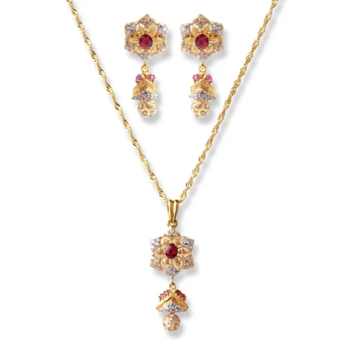 22ct Gold White & Red Cubic Zirconia With Drop Design Chain, Pendant And Earrings Set (13.8g) C-2803 P-7793 E-7793
