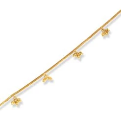 22ct Gold Anklet In Box Chain Design With Ghughri Charm With '' S '' Clasp