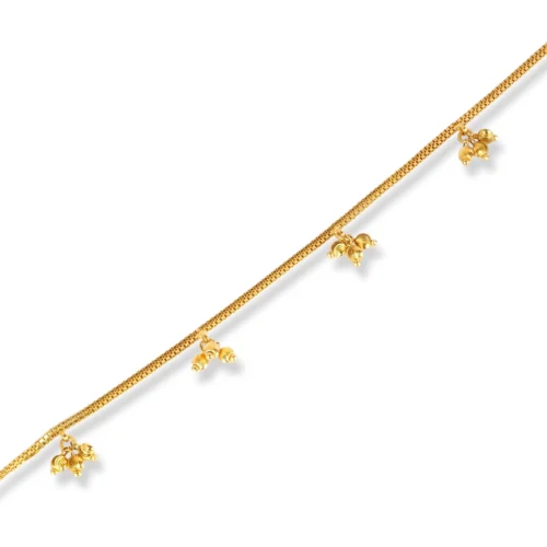 22ct Gold Anklet In Box Chain Design With Ghughri Charm With '' S '' Clasp
