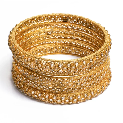 22ct Gold Antiquated Look Bangles Set With Polki Style Stones - Antiquated Look Gold Bangles