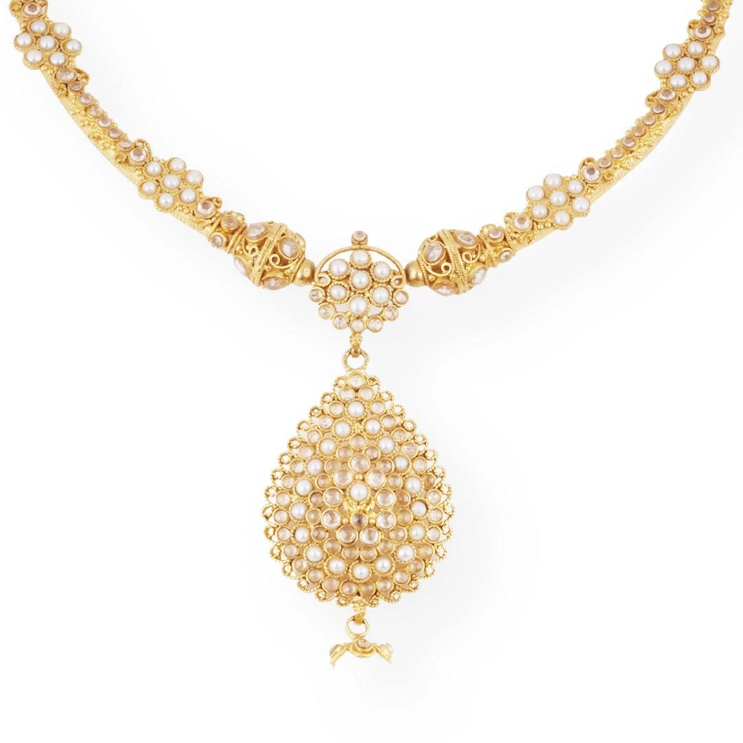 22ct Gold Antique-Style Pearl & Cubic Zirconia Teardrop Necklace And Earrings Set - Image 2