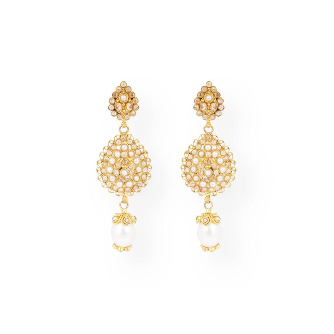 22ct Gold Antique-Style Pearl & Cubic Zirconia Teardrop Necklace And Earrings Set - Image 4