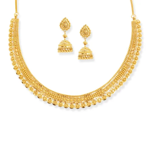 22ct Gold Choker Necklace With Filigree Beads & Matching Earrings