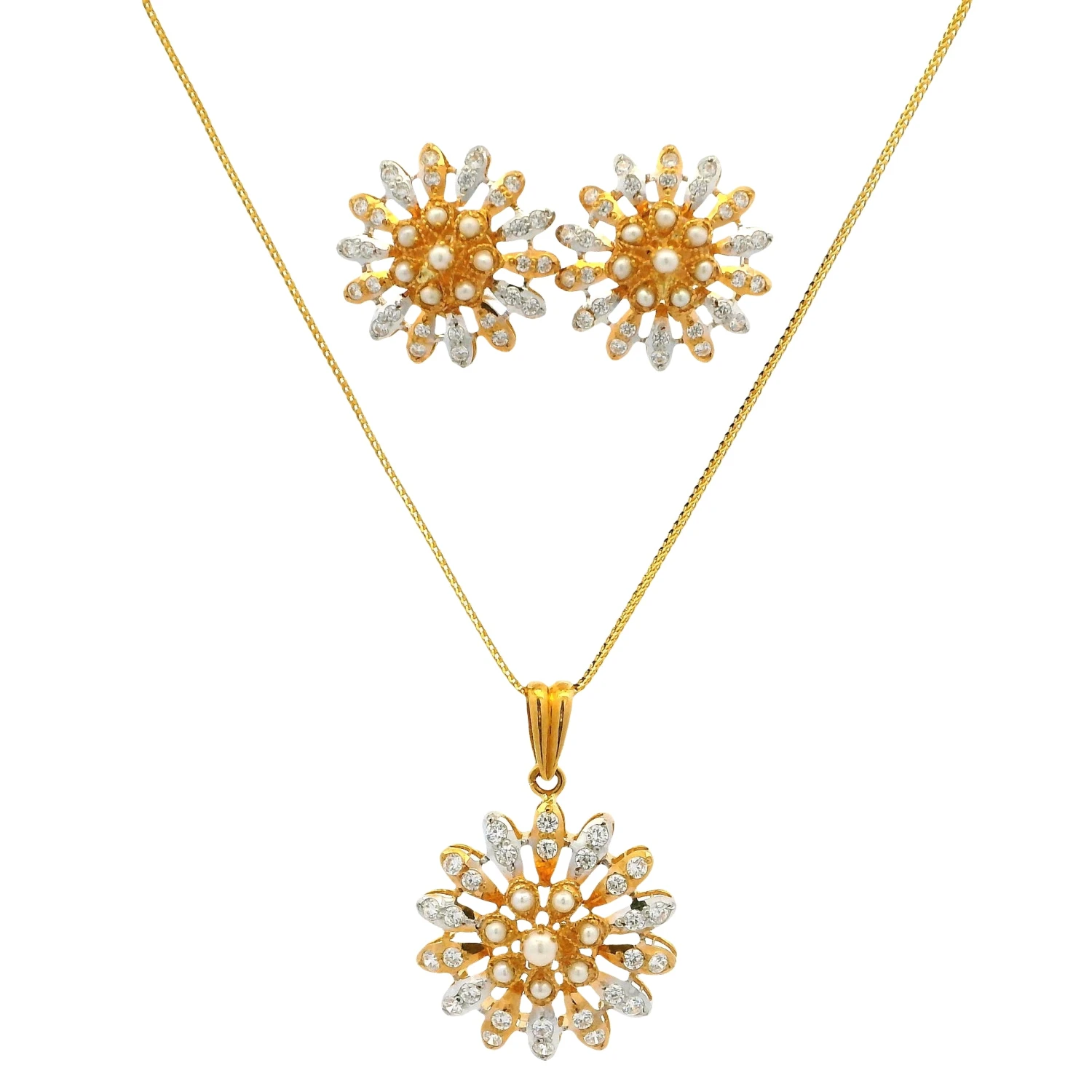 22ct Gold Floral Cluster Pendant & Earrings Set With Pearls And Cubic Zirconia