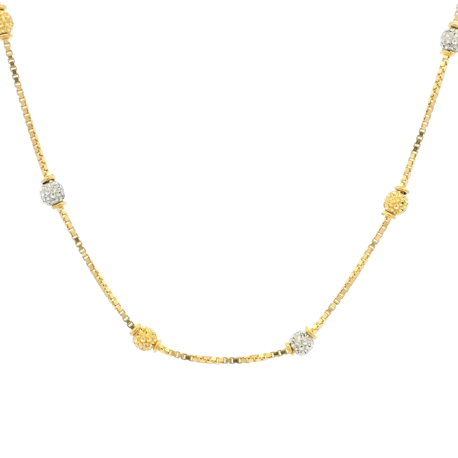 22ct Yellow Gold Chain With Gold & Rhodium Plated Beads At Intervals & Lobster Claw Clasp – Elegant & Unique | 16 Inches 1 22ct Yellow Gold Chain With Gold & Rhodium Plated Beads At Intervals & Lobster Claw Clasp – Elegant & Unique | 16 Inches