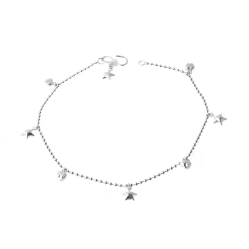 Sterling Silver Beaded Anklets With Heart And Star Bell Charms - Timeless Beaded Anklets For All