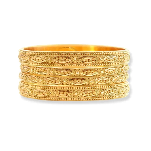 Set Of Four 22ct Gold Bangles With Flower Design And Filigree Work - Elegant 22ct Gold Bangles