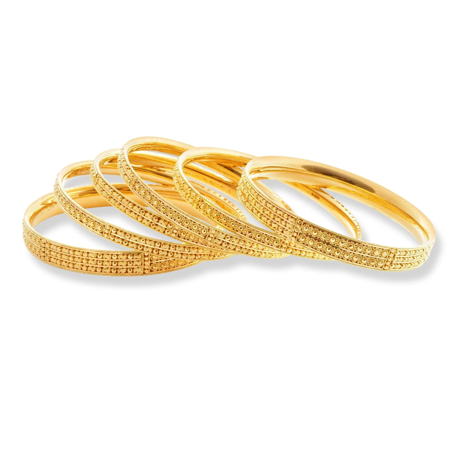 Set Of Six 22ct Gold Bangles With Diamond Cut Design And Filigree Work - Bangle Set For Women 2 Set Of Six 22ct Gold Bangles With Diamond Cut Design And Filigree Work - Bangle Set For Women - Image 2