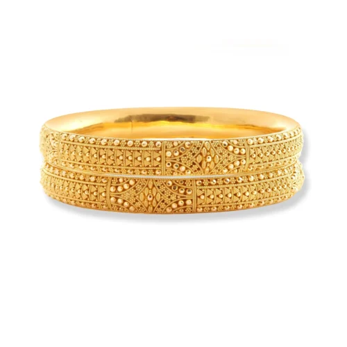 22ct Gold Pair Of Bangles With Filigree Work & Comfort Fit Finish - Gold Bangles With Detail