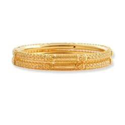 22ct Gold Pair Of Hollow Tube Bangles With Filigree Work & Comfort Fit Finish