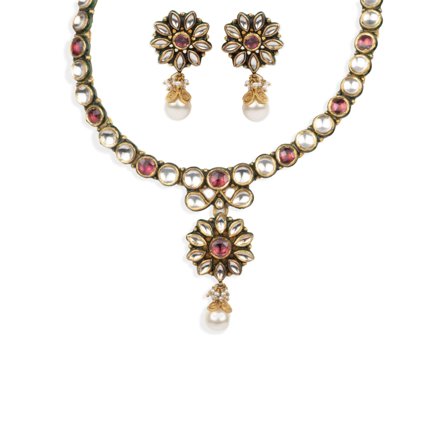 22ct Gold Antiquated Look Necklace And Earrings Set With Cultured Pearls And Cubic Zirconia Stones (70.32g) N&E-3060 1 22ct Gold Antiquated Look Necklace And Earrings Set With Cultured Pearls And Cubic Zirconia Stones (70.32g) N&E-3060