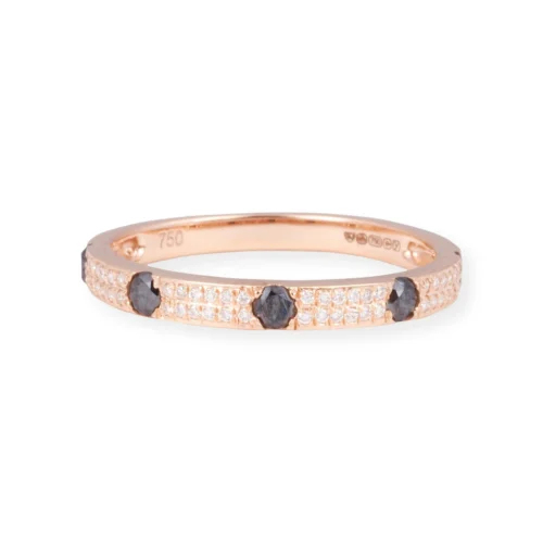 18ct Rose Gold White And Black Diamond Band Ring In Double-Row Pavé Setting LR-7035