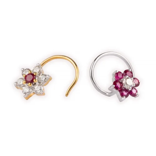 18ct Gold Diamond And Ruby Cluster Wire Coil Back Nose Stud.