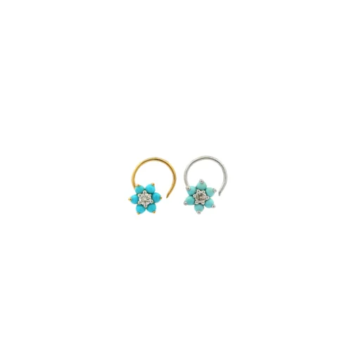 18ct Gold Diamond & Turquoise Cluster Nose Stud – Elegant Wire Back