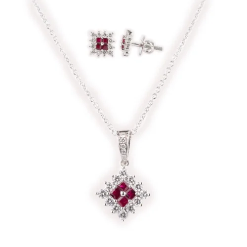 18ct White Gold Diamond & Ruby Chain, Pendant And Earrings Set CH11807-16 MCS2597 MCS2598