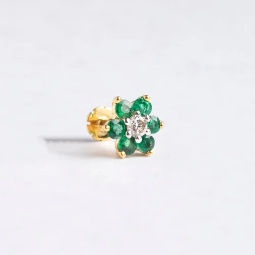 18ct Gold Diamond And Emerald Cluster Screw Back Nose Stud. -Shiny Jewelry Hub MCS2656YG