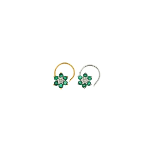 18ct Gold Diamond & Emerald Cluster Nose Stud – Wire Coil Back