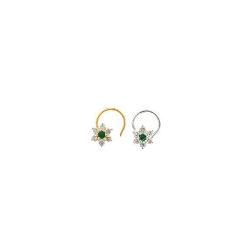 18ct Gold Diamond & Emerald Cluster Nose Stud – Elegant Wire Coil Back