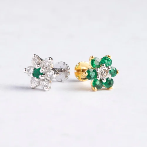 18ct Gold Diamond And Emerald Cluster Screw Back Nose Stud. -Shiny Jewelry Hub MCS3440WGMCS2656YG