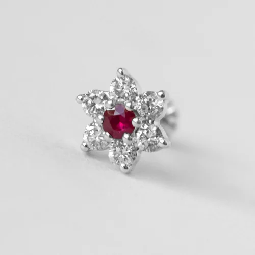 18ct Gold Diamond And Gemstone Screw Back Nose Stud. 10 18ct Gold Diamond And Gemstone Screw Back Nose Stud. -Shiny Jewelry Hub MCS3445 A diamond and ruby cluster screw back nose stud 18ct white gold