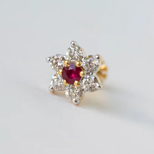 18ct Gold Diamond And Gemstone Screw Back Nose Stud. 13 18ct Gold Diamond And Gemstone Screw Back Nose Stud. -Shiny Jewelry Hub MCS3445 A diamond and ruby cluster screw back nose stud 18ct yellow gold