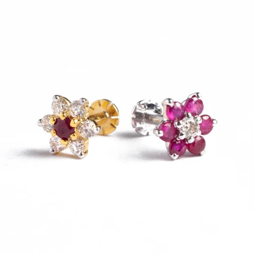 18ct Gold Diamond And Ruby Cluster Screw Back Nose Studs.