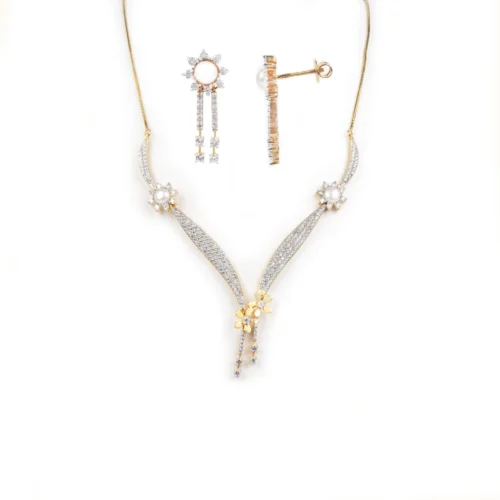 18ct Yellow Gold Necklace And Earrings Set With Cubic Zirconia Stones And Cultured Pearls (27g) N&E-5531