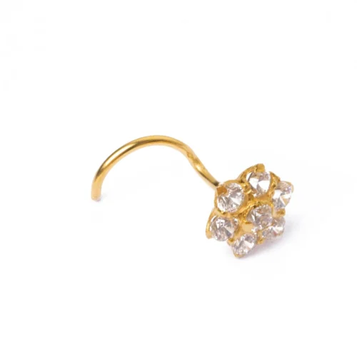18ct Yellow Gold Wire Coil Back Nose Stud Set With Seven Cubic Zirconia's (4mm - 5mm). 12 18ct Yellow Gold Wire Coil Back Nose Stud Set With Seven Cubic Zirconia's (4mm - 5mm). -Shiny Jewelry Hub NIP 5 040c half right