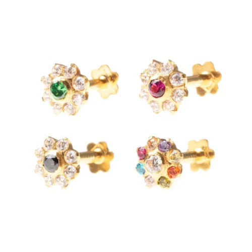 18ct Yellow Gold Nose Stud Set With Eight White And One Colour Cubic Zirconia Stones.