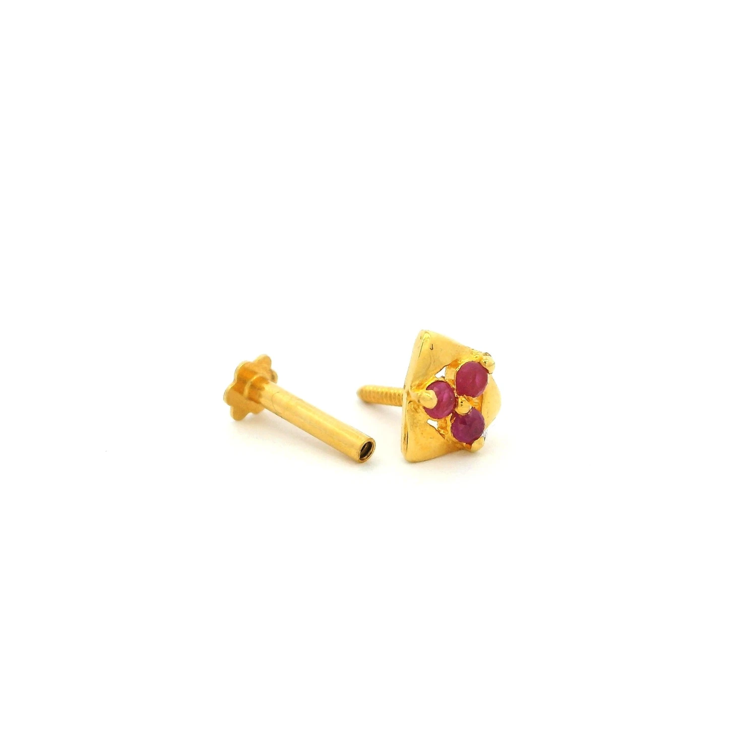 18ct Yellow Gold Screw Back Nose Stud Set With Three Red Cubic Zirconias. 2 18ct Yellow Gold Screw Back Nose Stud Set With Three Red Cubic Zirconias. - Image 2