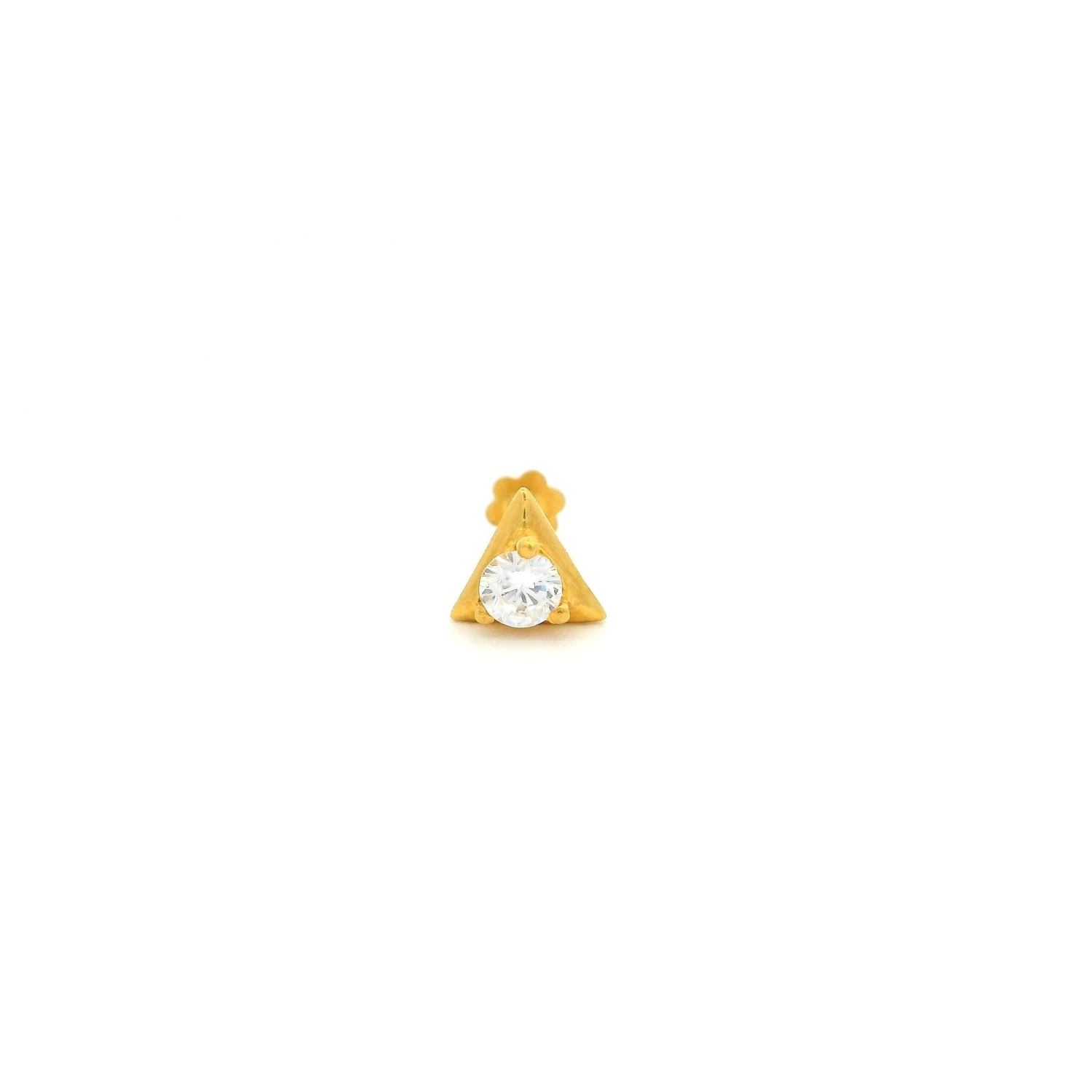 18ct Yellow Gold Screw Back Nose Stud With One White Cubic Zirconia In A Triangular Shaped Setting. 1 18ct Yellow Gold Screw Back Nose Stud With One White Cubic Zirconia In A Triangular Shaped Setting.