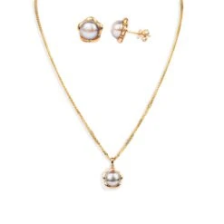 18ct Yellow Gold Necklace, Pendant And Earrings Set With Black Cultured Pearl (16.6g) N&P&E-5532