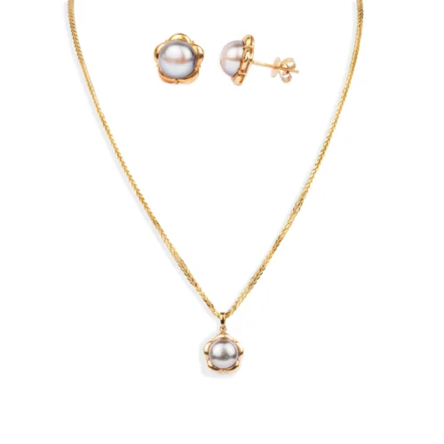 18ct Yellow Gold Necklace, Pendant And Earrings Set With Black Cultured Pearl (16.6g) N&P&E-5532