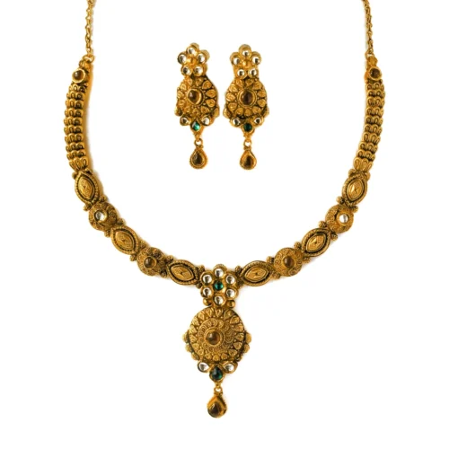 22ct Gold Antiquated Look Necklace Set With Green, Red And White Polki Style Cubic Zirconia Stones (48.3g) N&E-8205