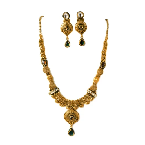 22ct Gold Antiquated Look Necklace Set With Green, Red And White Polki Style Cubic Zirconia Stones (42.4g) N&E-8206