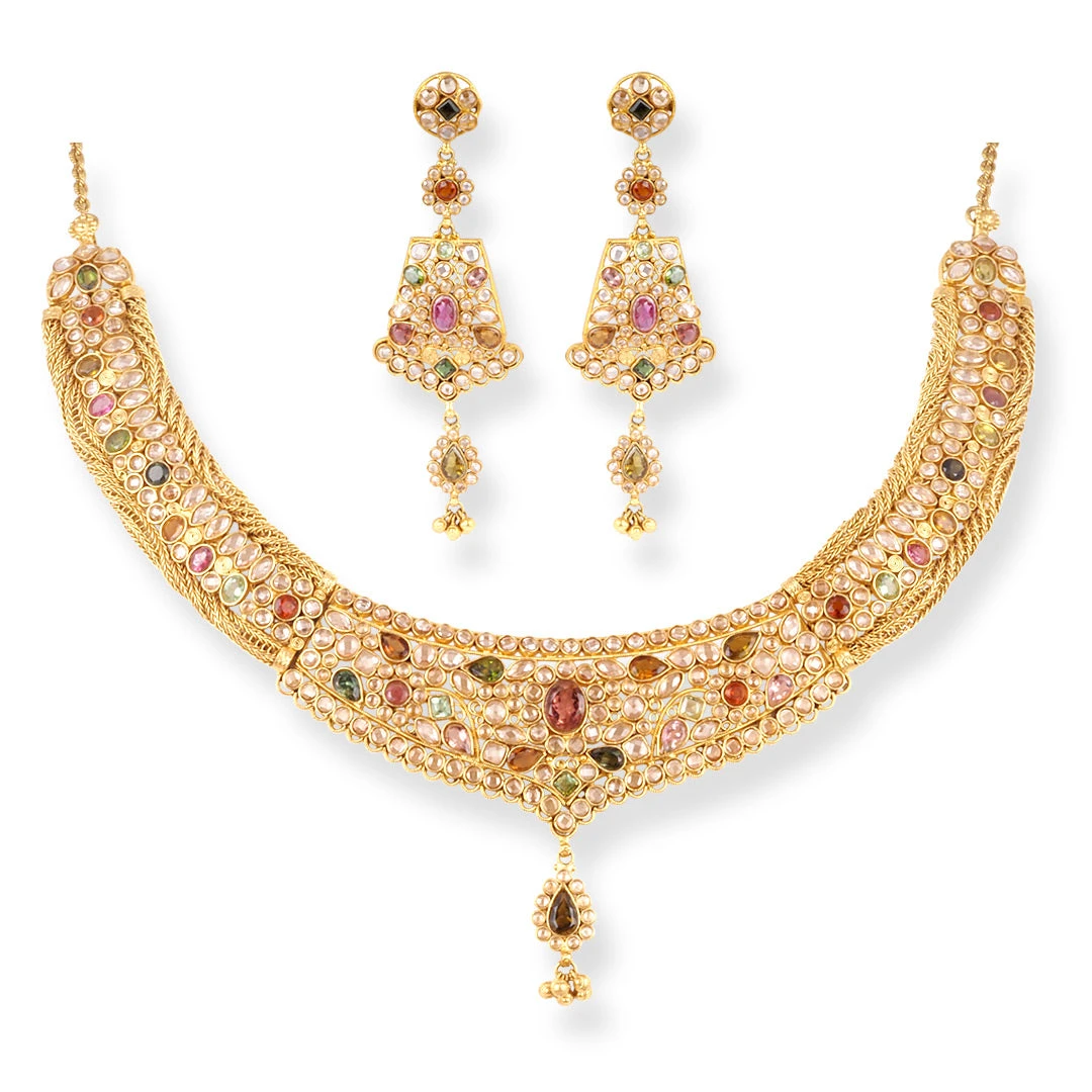 1 22ct Gold Antiquated Look Design Necklace With Multicoloured Cubic Zirconia Stones & Hook Clasp.