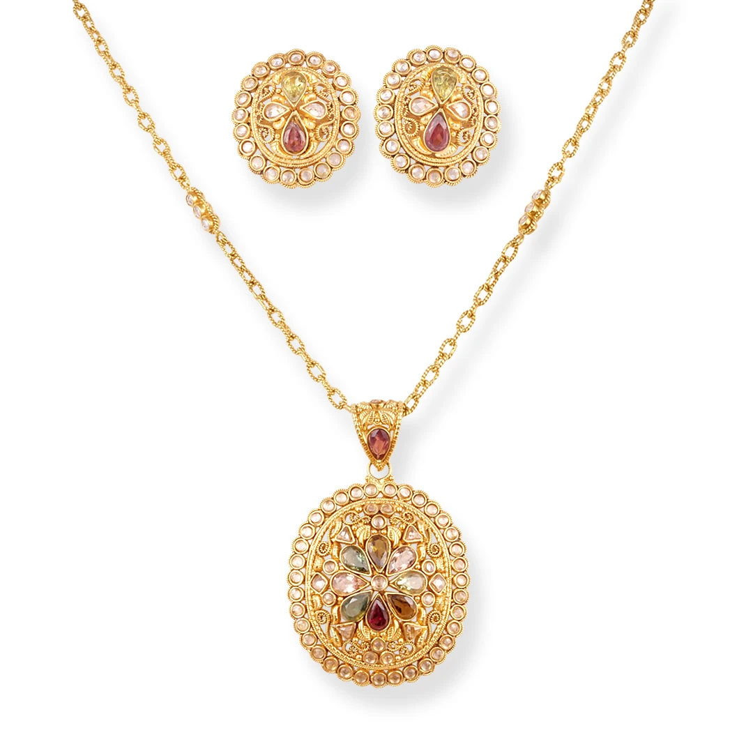 22ct Gold Antiquated Look Necklace And Earrings Set With Cubic Zirconia Stones 1 22ct Gold Antiquated Look Necklace And Earrings Set With Cubic Zirconia Stones