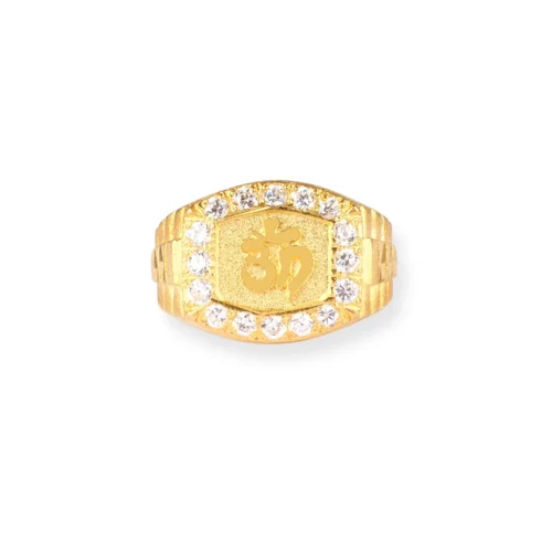 22ct Yellow Gold ॐ Ring With Cubic Zirconia Stones – Timeless Spiritual Symbol In Gold | Size S