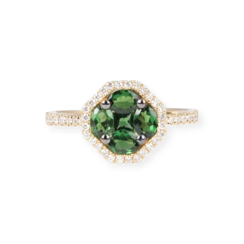 18ct Yellow Gold Diamond And Green Garnet Cluster Ring LR-7031