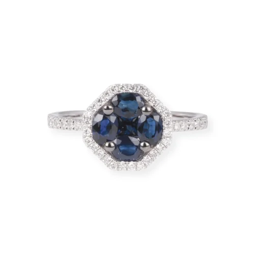18ct White Gold Diamond And Blue Sapphire Cluster Ring LR-7030